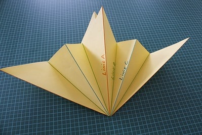 Papierfalter aus gefaltetem Papier mit Farblinien, ideal für kreative Stoffdruck- und Bastelprojekte.
