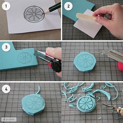 Anleitung zum Basteln eines Zitronen-Stempels aus Silikon, inklusive Schneiden, Aufkleben und Endbearbeitung für kreative DIY-Projekte.