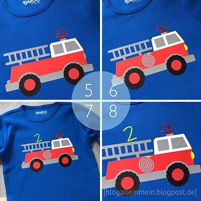 Kinder-T-Shirt mit Feuerwehr-Plot, bunter Feuerwehrwagen mit Leiter und Sirene, ideal für Geburtstagsgeschenke, handgemacht, kreative Kinderkleidung.
