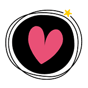 Kreatives Herz-Design mit handgezeichneten schwarzen Linien, pinkem Herz und gelbem Stern, symbolisiert Liebe und Kreativität für handgemachte Kunst und Kultur.