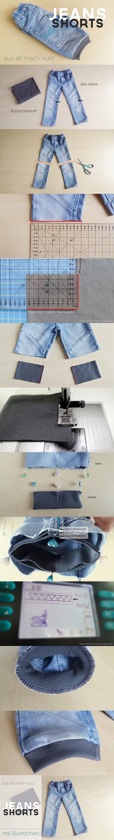 Selbstgemachte Jeans-Shorts mit Bündchen, kreative Nähideen, modische Sommerkleidung, nachhaltiges Upcycling, Handarbeit, Mode DIY, sommerliche Shorts, Jeans nähen, Mode selbst machen.
