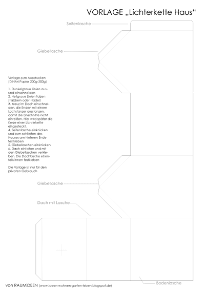 Anleitung für eine Häuser-Lichterkette aus Papier, inklusive Zuschnitt, Falten und Zusammenbau, ideal für kreative Dekorationen und DIY-Projekte.