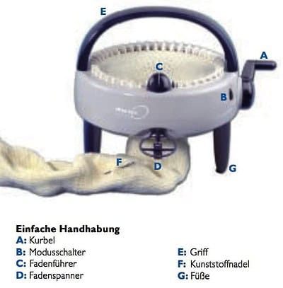 Strickmühle mit Kabel, Griff, Kurbel, Modusschalter, Fadenführer, Fadenspanner, Füße, ideal für handgemachte Lampenschirme.