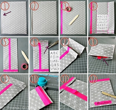 Anleitung für selbstgemachte Geschenktütchen mit Papier, Klebeband, Schere und Stift, inklusive Schritt-für-Schritt-Bilder für kreative Verpackungen.
