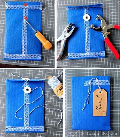 Bastelanleitung für kleine Umschläge aus blauer Pappe mit Schnurverschluss und Anhänger, ideal für Geschenke und kleine Aufmerksamkeiten.