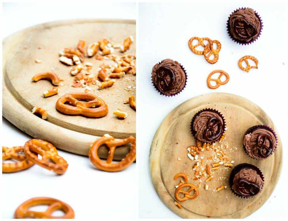 Schoko-Brezel-Cupcakes mit Diamant Moussezauber “Joghurt” Topping