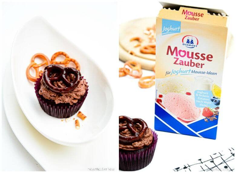 Schoko-Brezel-Cupcakes mit Diamant Moussezauber “Joghurt” Topping