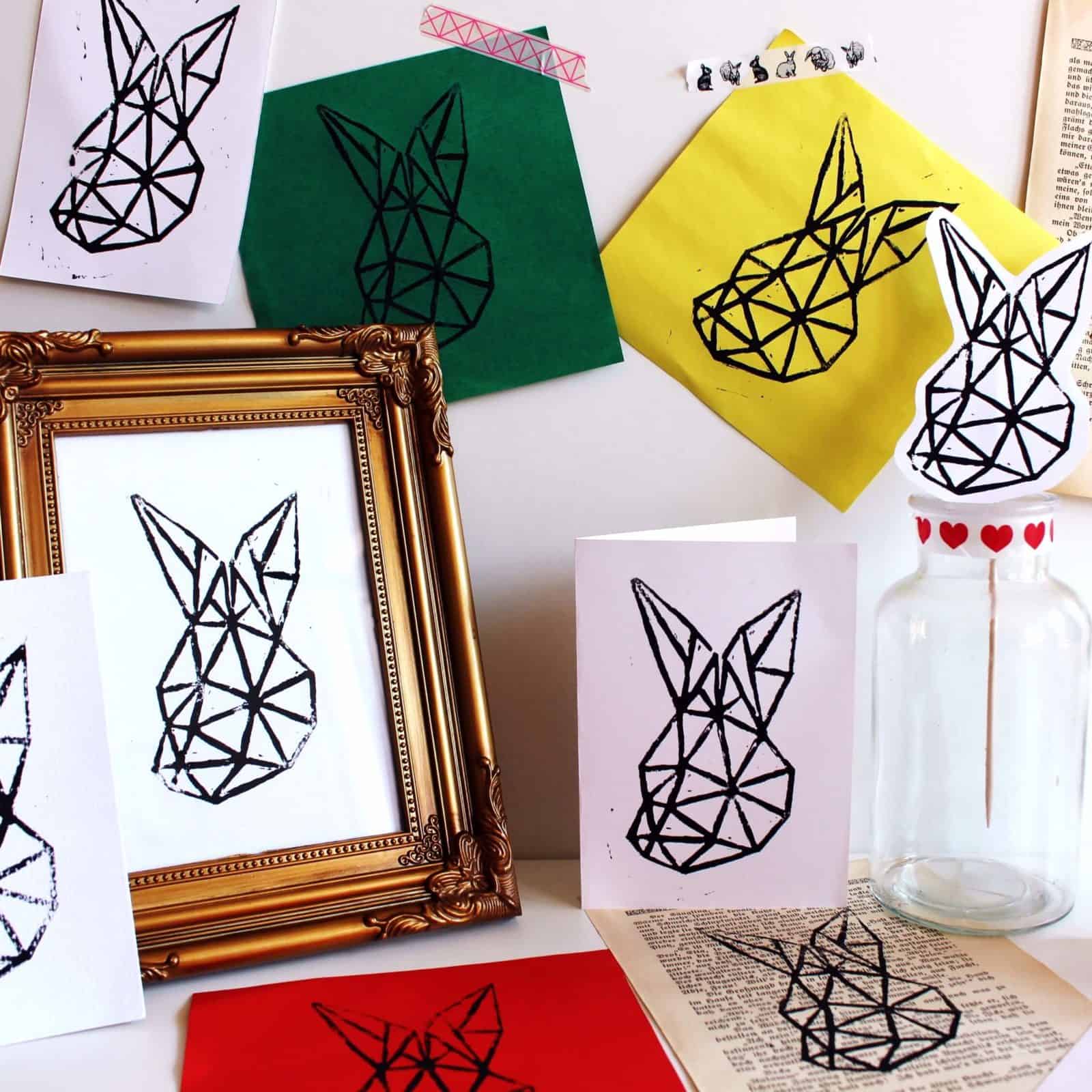 Linolschnitt- Freebie „geometrischer Hasenkopf“