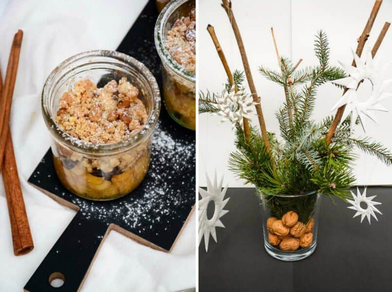 Apfel Mandel Crumble im Glas mit Amarettinistreuseln, einer extra Portion Zimt & Vanillequark + Zackensterne