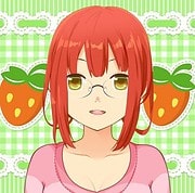 Anime-Mädchen mit roten Haaren, Brille und pinkem Top vor grün-weißem Karomuster mit Erdbeeren im Hintergrund.