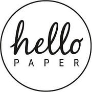 Handmade Kultur Logo mit handgeschriebenem 'hello' und 'PAPER' in einem Kreis, symbolisiert kreative Papierkunst und handgemachte Produkte.