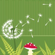 Illustration einer Pusteblume mit fliegenden Samen und einem roten Fliegenpilz auf grünem Hintergrund, symbolisiert Natur und Handwerkskunst.