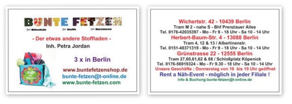 "Bunte Fetzen"® - Die Nähschule - Der etwas andere Stoffladen - 3 x in Berlin ! "Bunte Fetzen"® - Die Nähschule - Der etwas andere Stoffladen - 3 x in Berlin !