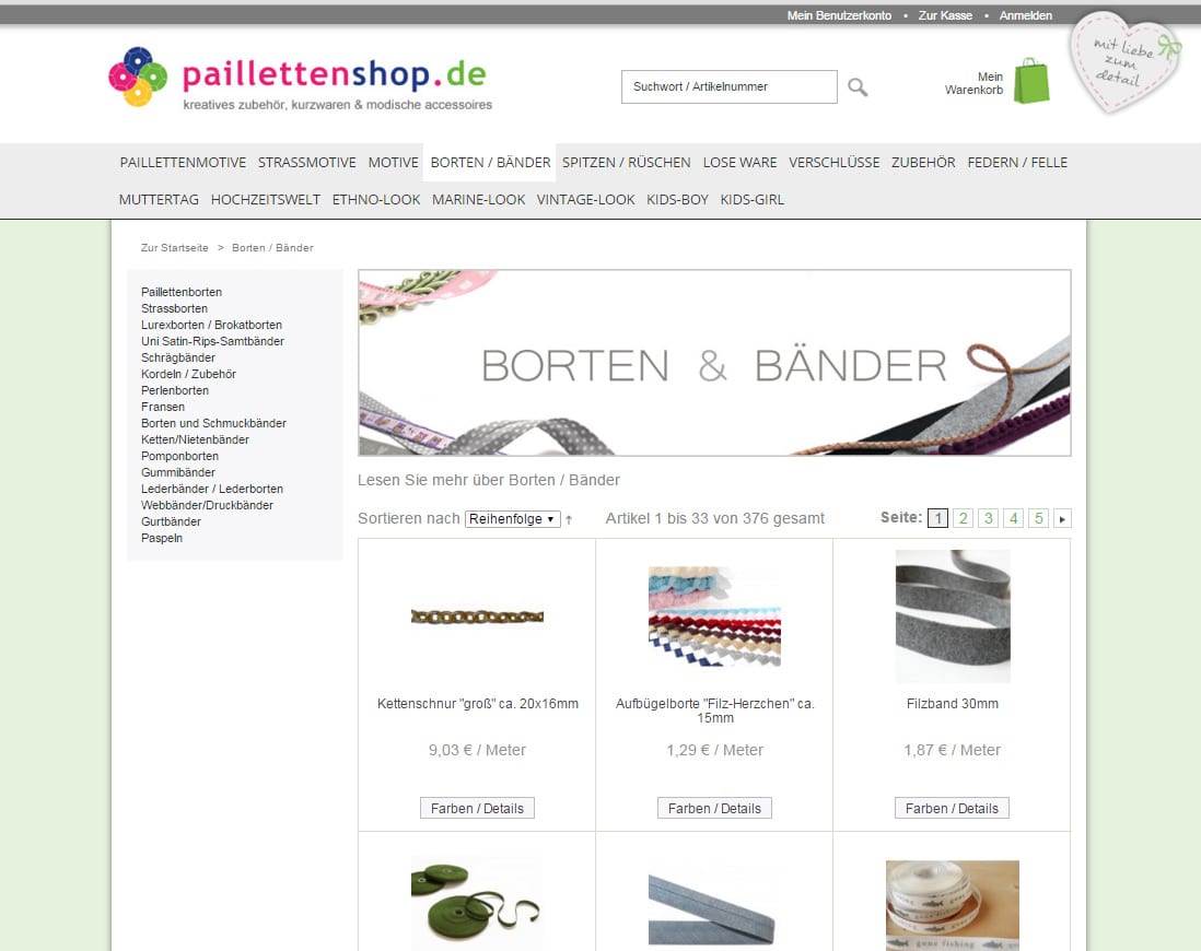 Pailletten, Nieten, Borten, Bänder uvm. kaufen auf paillettenshop.de