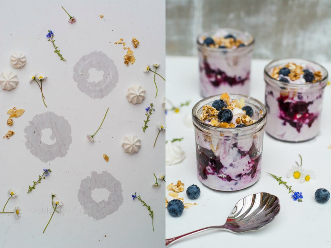 eisgekühltes Blaubeer Dessert im Glas mit knusprigem Erdnussriegel-Krokant Topping