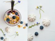 eisgekühltes Blaubeer Dessert im Glas mit knusprigem Erdnussriegel-Krokant Topping