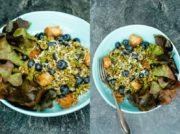 Mungobohnensalat mit Blaubeeren, Käse, Pesto und geröstetem Ciabatta