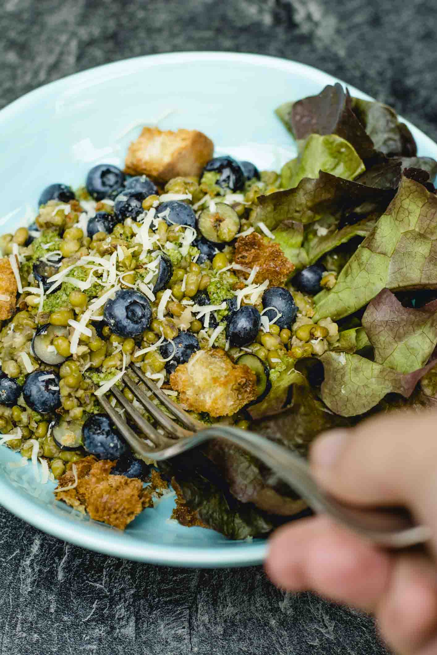 Mungobohnensalat mit Blaubeeren, Käse, Pesto und geröstetem Ciabatta