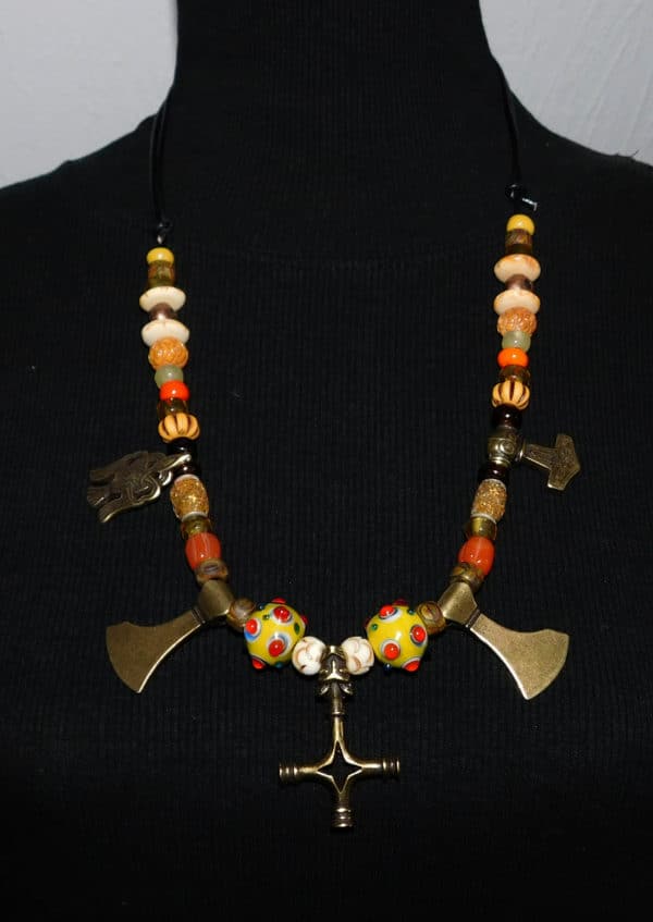 Wikinger Halskette Prunkkette 5 Anhänger Thorshammer/Mjölnir/Axt/Wolfskreuz/Rabe Unikat # 104