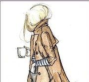 Skizze einer Frau mit langem blondem Haar, braunem Mantel, gestreiftem Pullover und Tasse in der Hand, stilvolle und kreative Handwerkskunst.