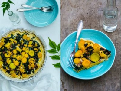 Quiche mit frischem Spinat, Zucchini und gelben Möhren