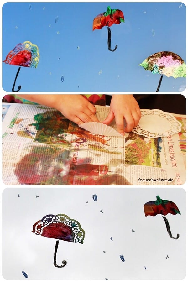 Fensterbild Regenschirm und Heißluftballon im Herbst