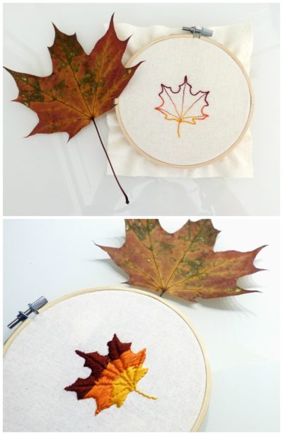 Buntes Herbstblatt zum Nachsticken mit Plattstich-Tutorial