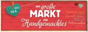 Werbeflyer für den großen Markt für Handgemachtes am 12. Februar, mit Angeboten für Papierwaren, Keramik, Mode, Schmuck und kulinarische Spezialitäten.