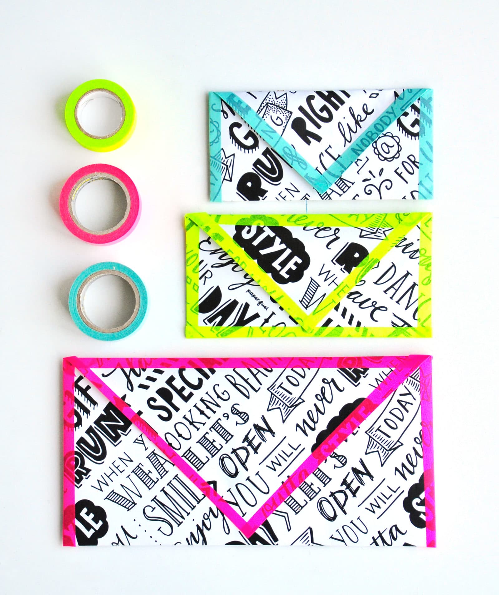 3 DIY Umschläge aus Geschenkpapier – Schwarz / Weiß und Neonfarben