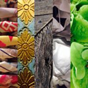 Verschiedene natürliche Materialien wie Stoffe, Holz, Papier und Blätter, die für handgemachte Produkte verwendet werden, betonen die Vielfalt und Kreativität bei HANDMADE Kultur.