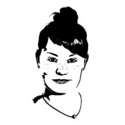 Schwarz-weiß Illustration einer lächelnden Frau mit Kurzhaarfrisur und Halskette, symbolisiert kreative Handwerkskunst und Kultur.