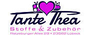 Logo von Tante Thea Stoffe & Zubehör mit Herz, Geschenk, Kerze und Text, der auf Natzeburger Allee in Lübeck hinweist, für eine handgemachte Stoff- und Zubehörmarke.