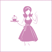 Illustration einer Bäckerin in Vintage-Kleid, die einen Cupcake auf einem Teller hält, im Stil von Handmadekultur, ideal für kreative Backkunst und handgemachte Backwaren.