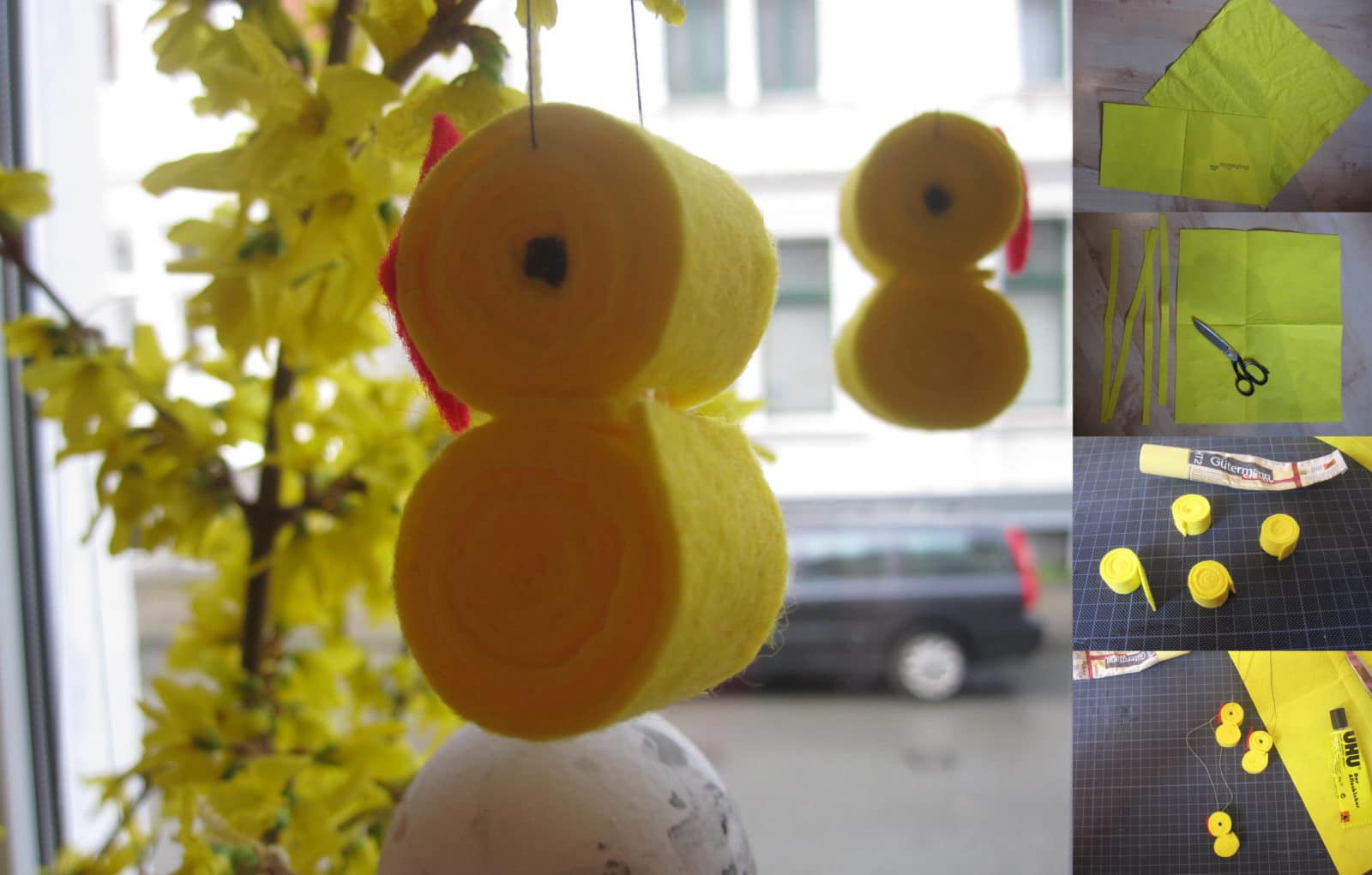 mit Kindern Osterdekoration basteln: Schmetterlinge und Blüten aus Filz