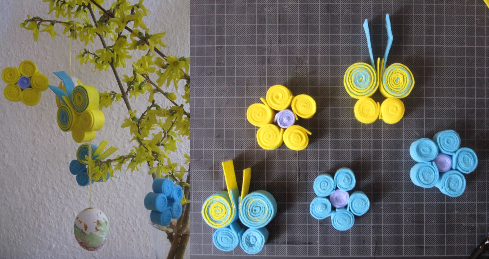 mit Kindern Osterdekoration basteln: Schmetterlinge und Blüten aus Filz