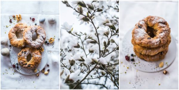 Für die Kaffeetafel zu Ostern: Hefekringel mit Trockenfrüchten, Nüssen, Mohn und Pistazien