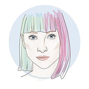 Illustration eines Mädchens mit pastellfarbenem, gestuftem Haar in Grün, Blau, Rosa und Lila, mit blauen Augen und zarten Gesichtszügen, im handgemachten Kunststil.
