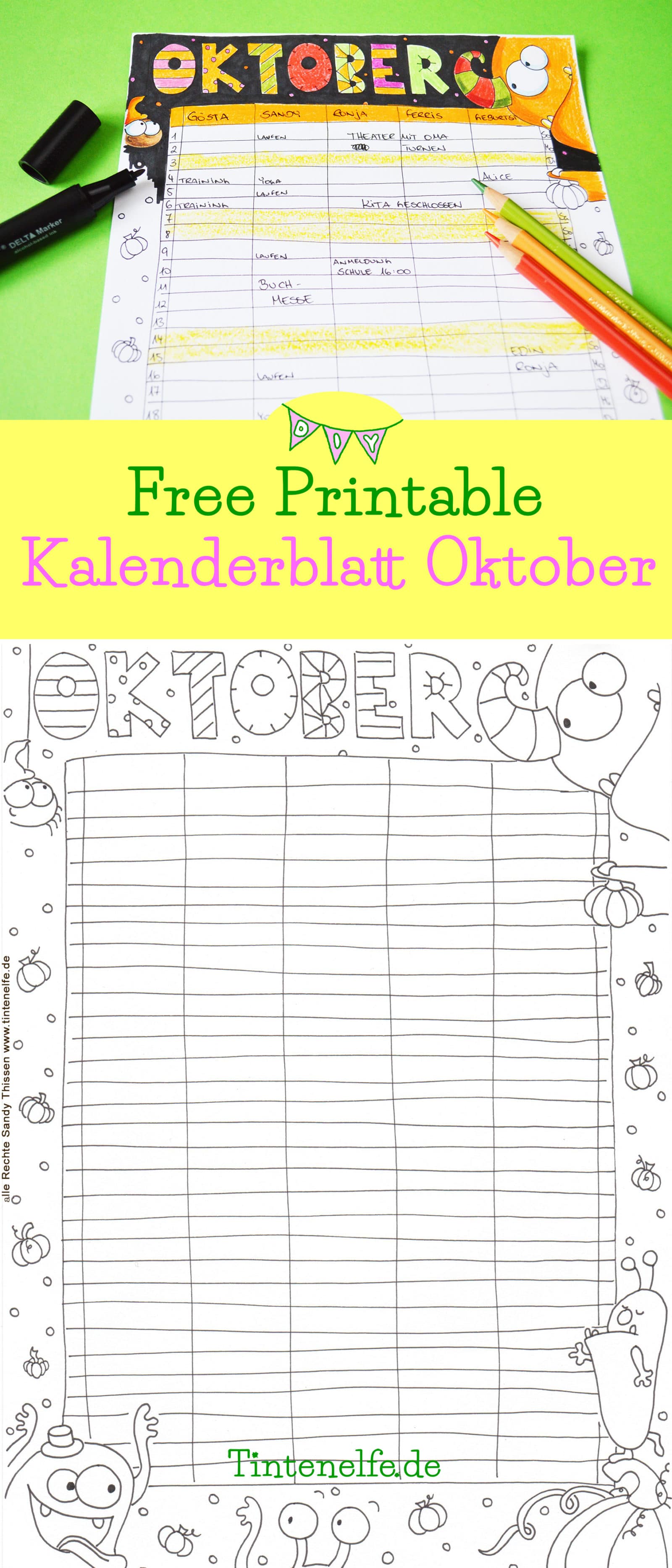 Kalenderblatt Oktober zum Ausdrucken und Ausmalen
