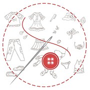 Skizze von handgemachten Kleidungsstücken, Schuhen, Accessoires und Nähutensilien, die für kreative DIY-Modeprojekte verwendet werden.