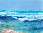 Aquarellmalerei von Meereswellen in Blau- und Grüntönen, zeigt die Bewegung des Wassers und die ruhige Atmosphäre am Strand, ideal für Kunst- und Handwerksliebhaber.