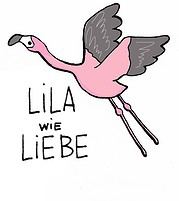 Handgezeichnete Illustration eines rosa Flamingos mit schwarzen Flügeln und langen Beinen, begleitet von der Aufschrift "Lila wie Liebe" für kreative und handgemachte Kunst.