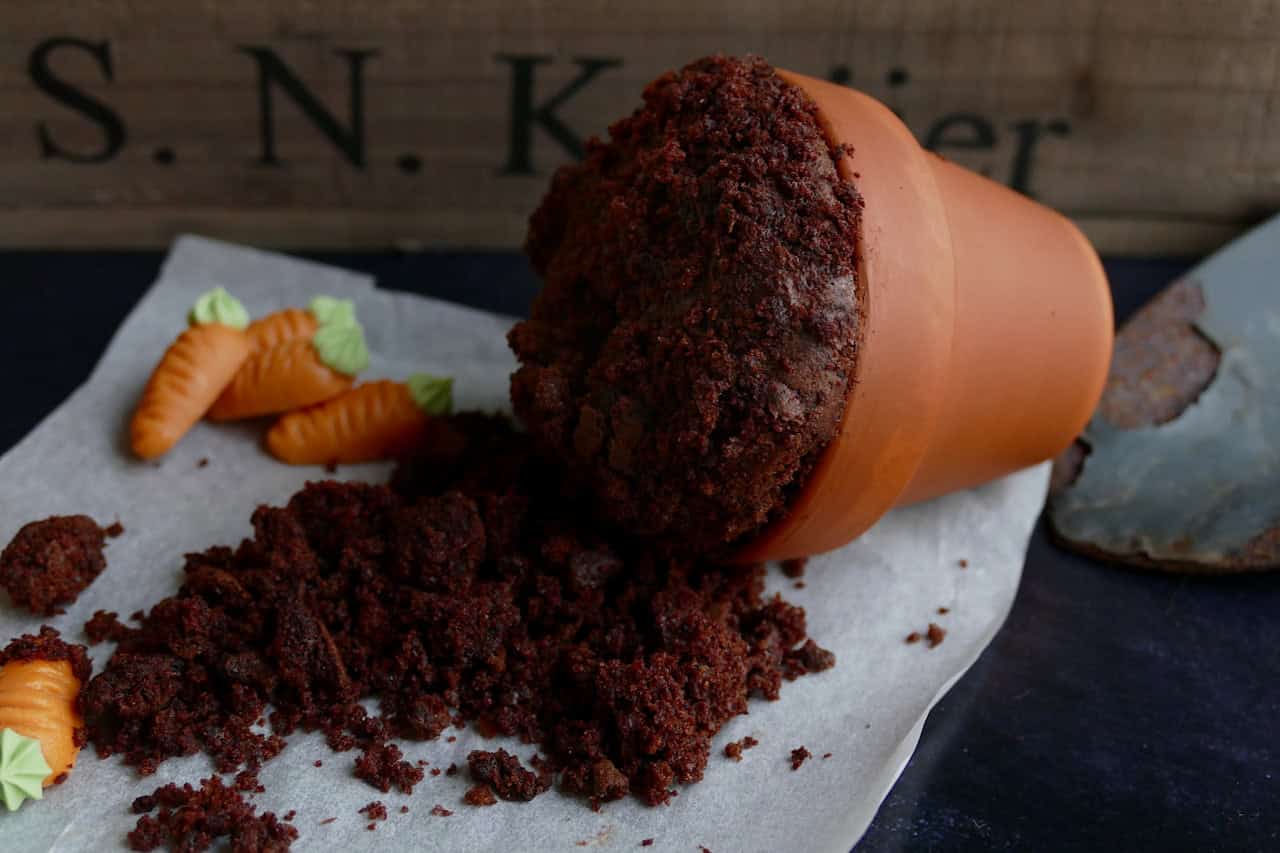 Schokoladenmuffins im Terracotta-Blumentopf mit Mini-Rüblis