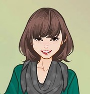Digitale Illustration einer jungen Frau mit braunen Haaren, grauem Schal und grüner Jacke, passend für kreative und handgemachte Themen.