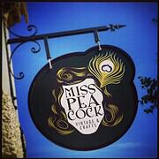 Schwarzes Schild mit goldenen und weißen Details, zeigt das Logo von Miss Pea Cock Vintage & Crafts, mit stilisiertem Frauenkopf und Feder, an einer blauen Wand befestigt.