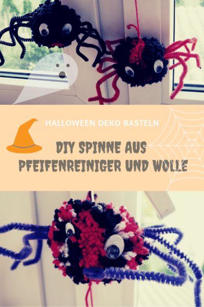 Halloween Spinnen basteln aus Pfeifenreiniger und Wolle