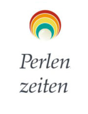 Künstlerisch gestaltetes Logo mit bunten Perlen in Regenbogenfarben, symbolisiert kreative Handwerkskunst und Schmuckdesign bei Perlenzeiten.