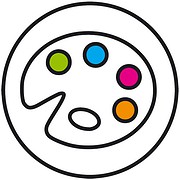 Einfache Illustration einer Künstlerpalette mit fünf bunten Farbtöpfen in verschiedenen Farben für kreative Handwerkskunst.