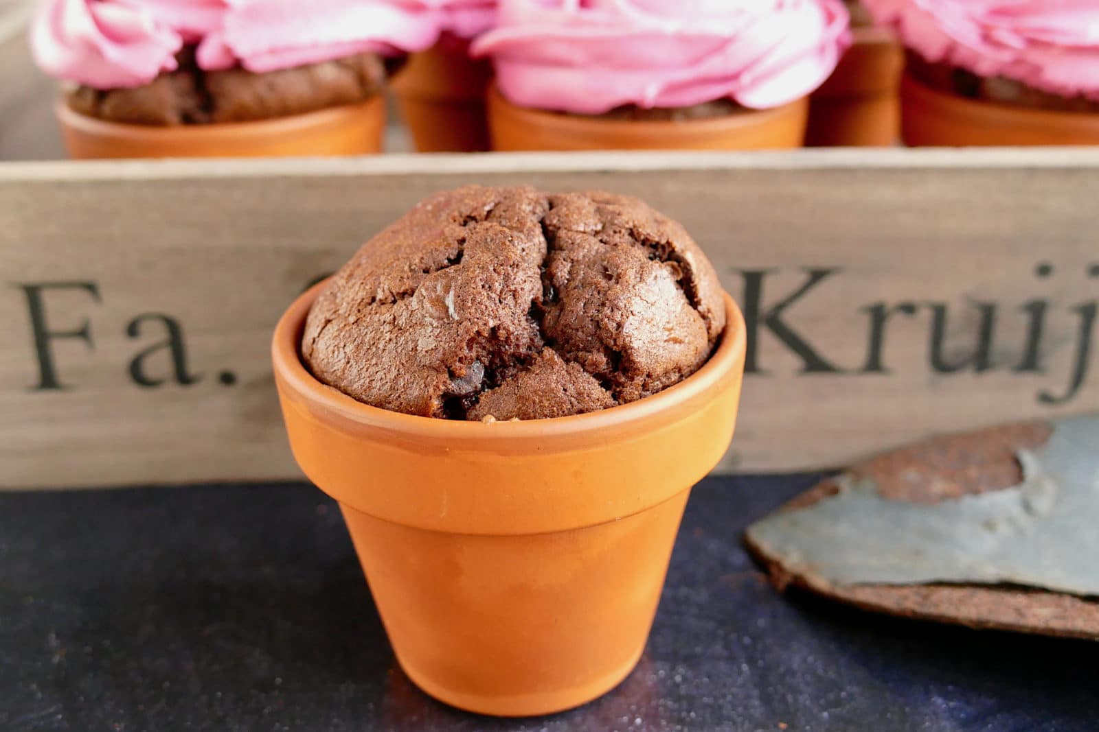Rosen Cupcakes im Terracotta-Blumentopf