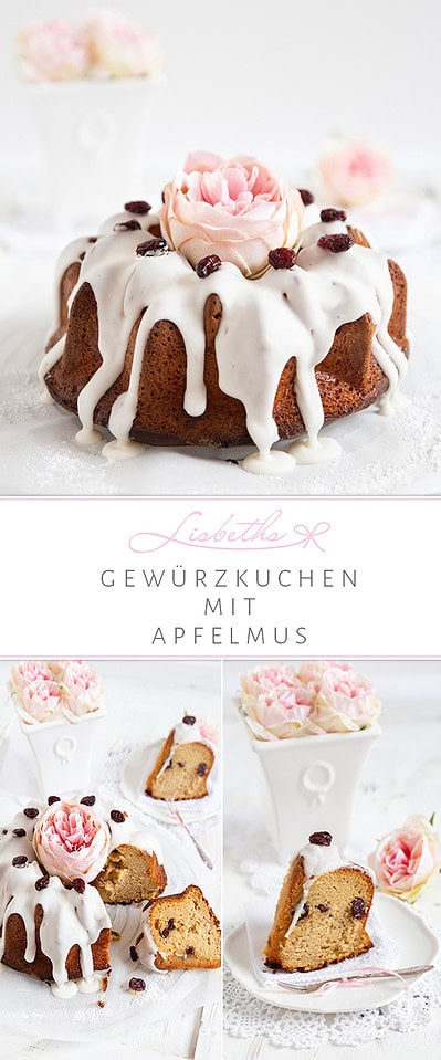 Gewürzkuchen mit Apfelmus, Cranberries & Zitronenglasur