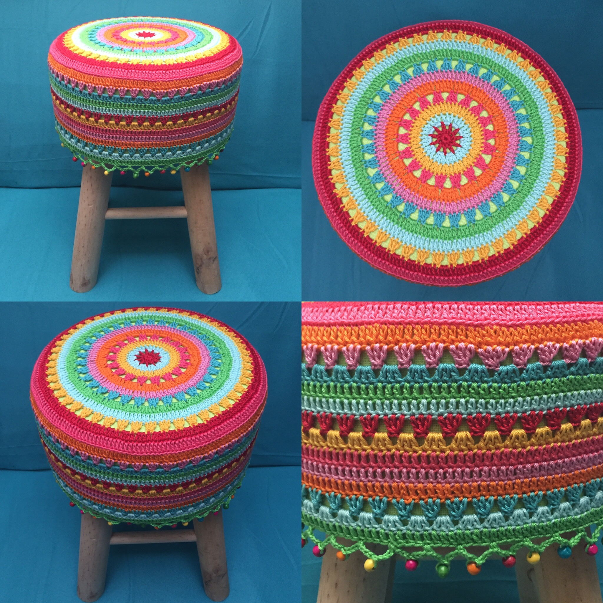 Hocker mit Häkelbezug im Boho-Stil